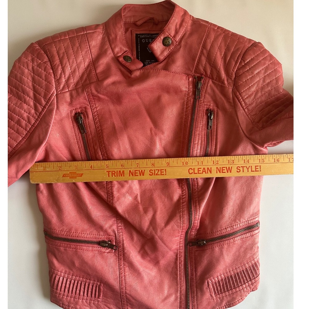 Guess Pink Faux Leather Moto Jacket Quilted Detail Zipper Pockets Size XS - Picture 2 of 8